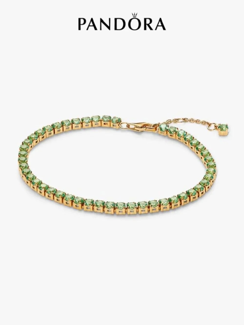 Pandora Gold Tone Tennis Bracelet with Light Green Stones